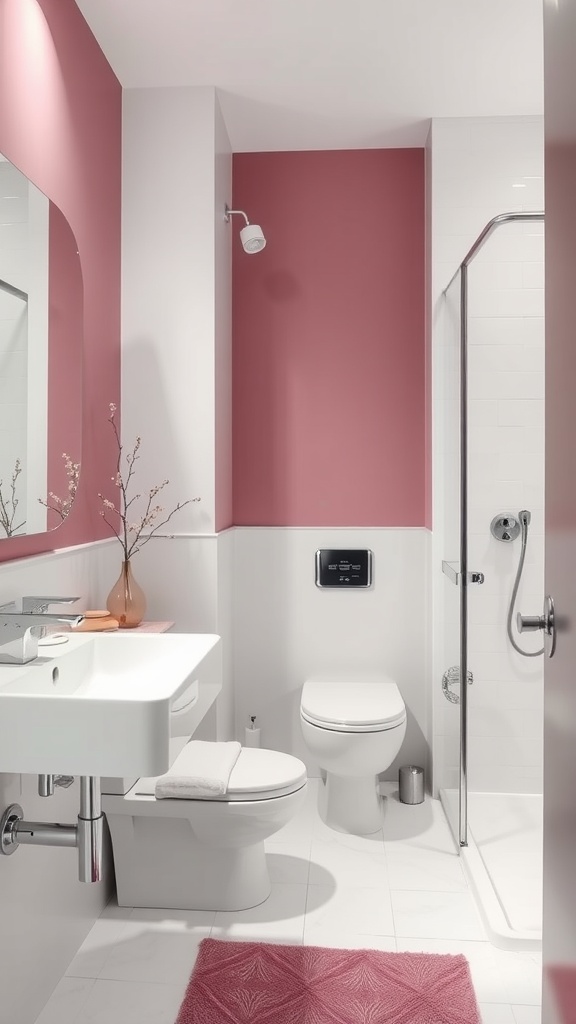 A modern bathroom featuring mauve accents, white fixtures, and a clean design