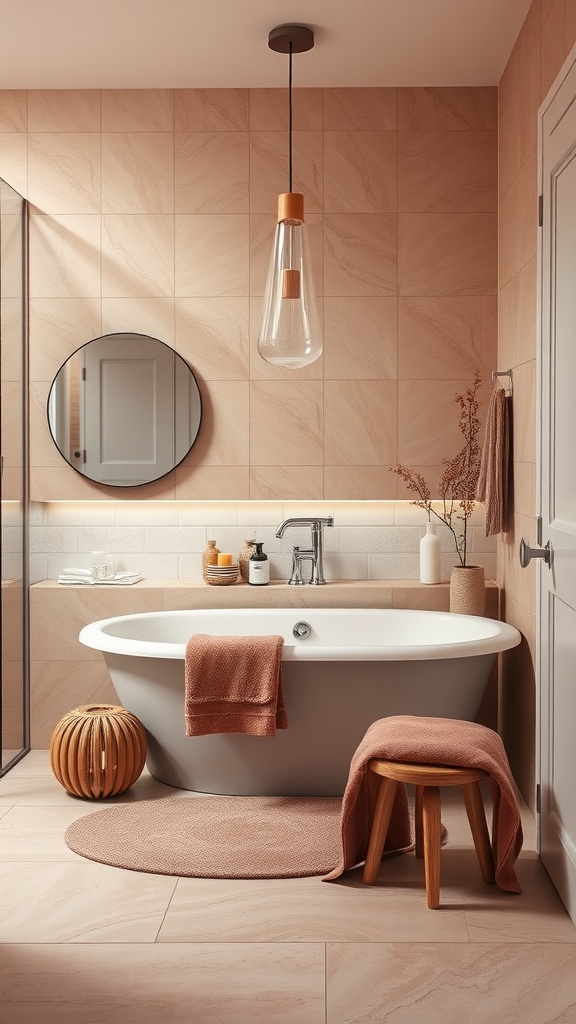 A stylish bathroom featuring mauve and beige textiles, including a mauve towel and rug, enhancing the cozy atmosphere.