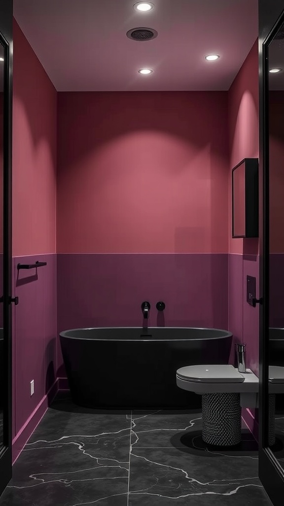 Elegant mauve bathroom with black accents, featuring a bathtub and modern fixtures.