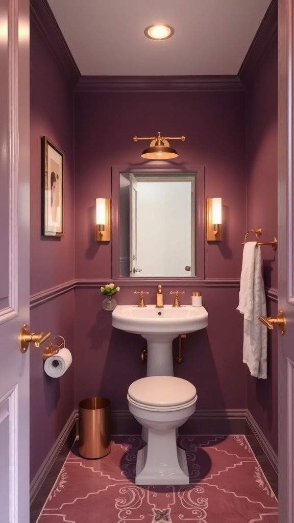 A mauve bathroom featuring gold metallic fixtures and accents.