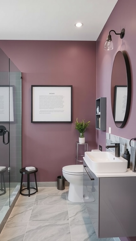 A modern bathroom featuring mauve walls, grey accents, a stylish mirror, and a small plant.