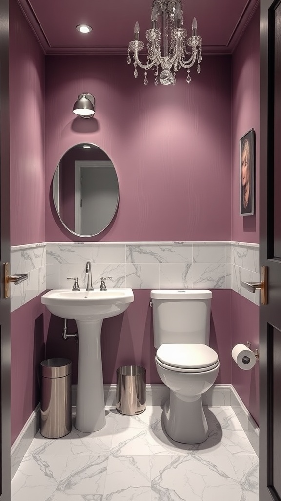 A mauve bathroom featuring a chandelier, round mirror, and modern fixtures.