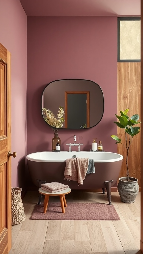 A mauve bathroom featuring a freestanding bathtub, wooden accents, and cozy accessories.