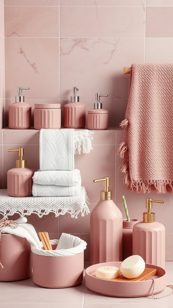 A collection of mauve bathroom accessories including soap dispensers, towels, and decorative items arranged on shelves.