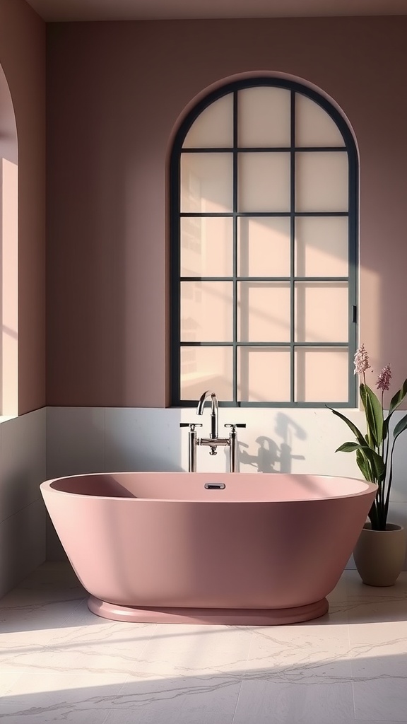 A modern mauve bathtub in a stylish bathroom setting with natural light and a potted plant.