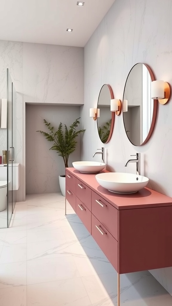 A modern bathroom featuring mauve countertops with two white sinks, round mirrors, and a touch of greenery.