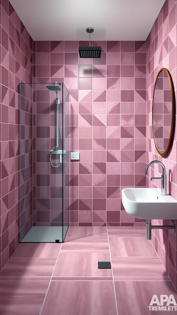 Bathroom featuring mauve geometric tiles, glass shower, circular mirror, and sleek fixtures