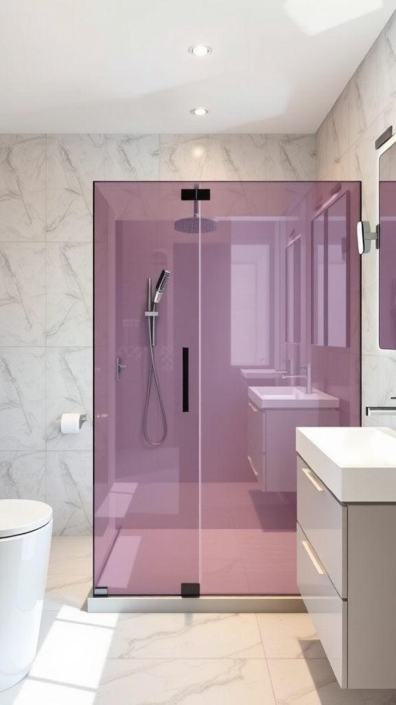 A modern bathroom featuring a mauve glass shower door with sleek design and marble tiles.