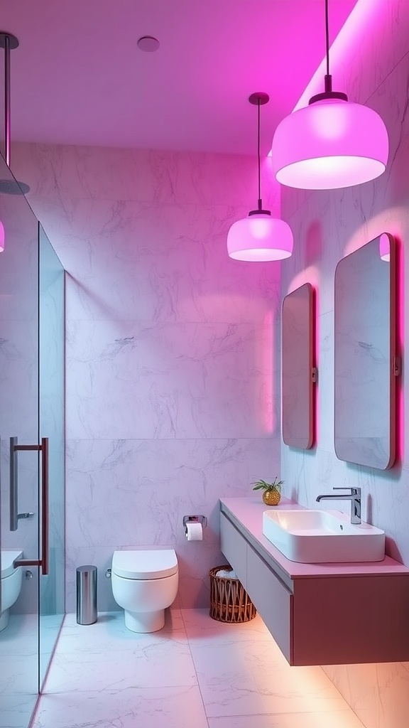 Modern bathroom featuring mauve lighting fixtures, including pendant lights and LED strips.