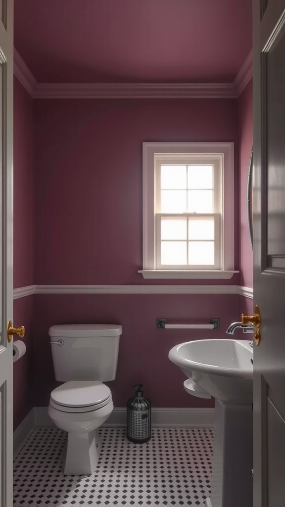 A small bathroom with mauve painted walls and ceiling, featuring a window, toilet, and sink.