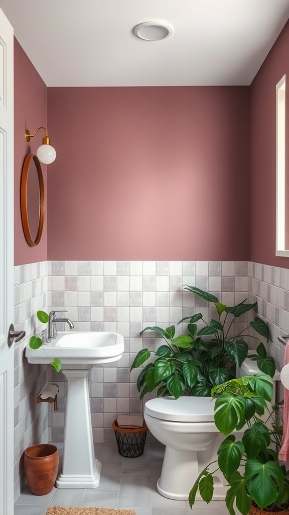 A mauve bathroom featuring green plants, a white sink, and a toilet, with a warm, inviting atmosphere.