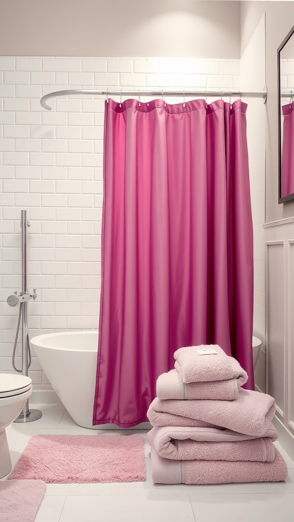 A bathroom featuring a mauve shower curtain, fluffy mauve towels, and a modern tub.