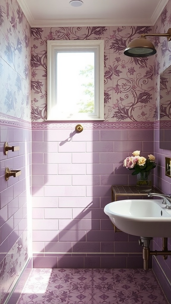 A bathroom featuring mauve tiles with floral patterns, a window, and a small vase of flowers.