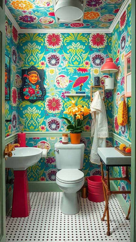 A colorful maximalist bathroom featuring vibrant floral wallpaper, a bright pink sink, and a polka dot floor.