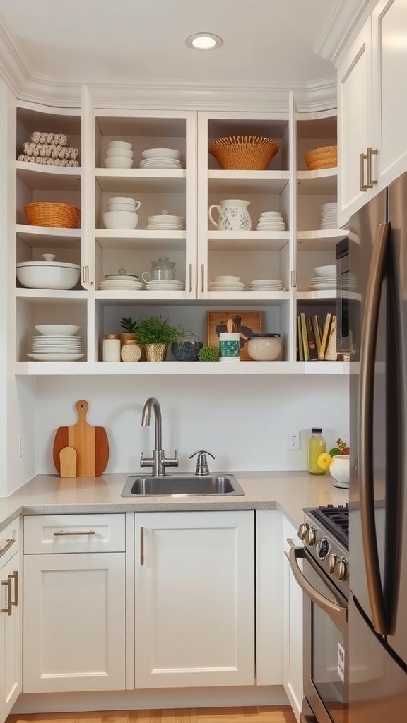 A well-organized corner kitchen unit featuring open shelves with plates, bowls, and decorative items.