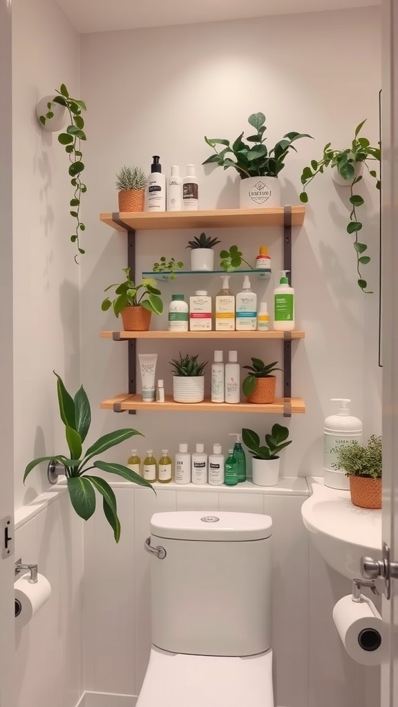 A small bathroom with wall-mounted shelves displaying plants and personal care products.