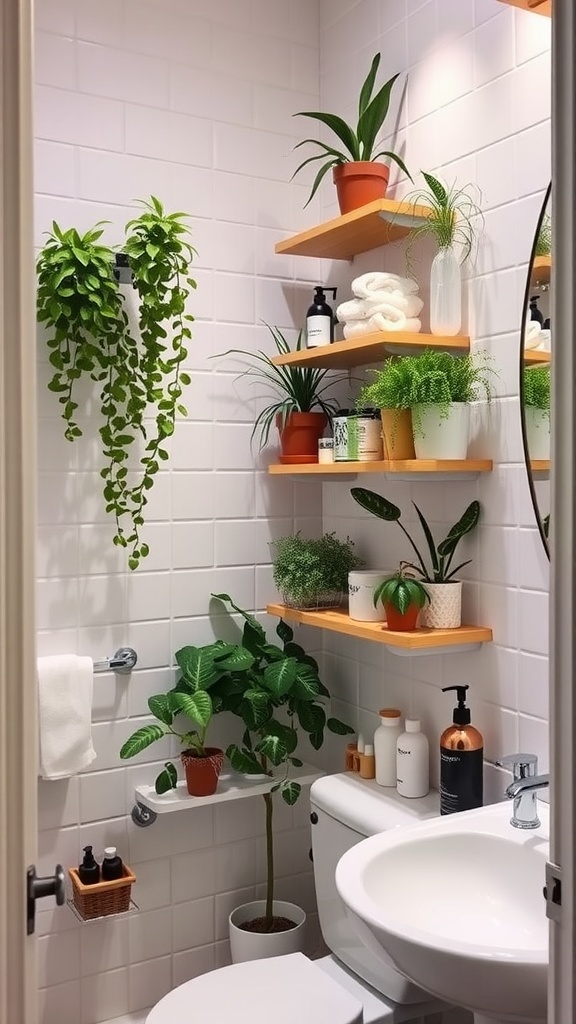 Small bathroom featuring wall-mounted wooden shelves with plants and toiletries.