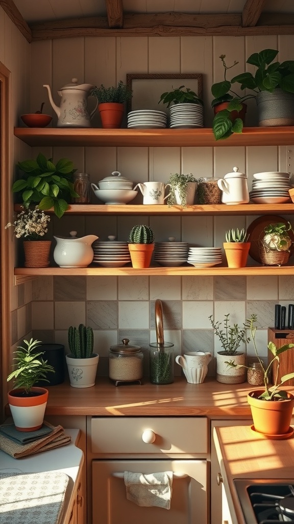 A cozy cottage kitchen with open shelving displaying dishes, pots, and plants.