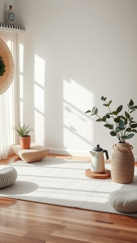 A cozy corner with cushions, plants, and a coffee pot, illuminated by sunlight.