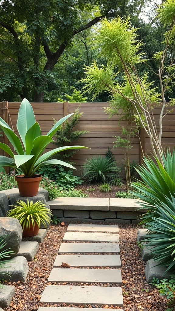 A serene garden pathway with stone pavers surrounded by lush greenery and potted plants, ideal for meditation.