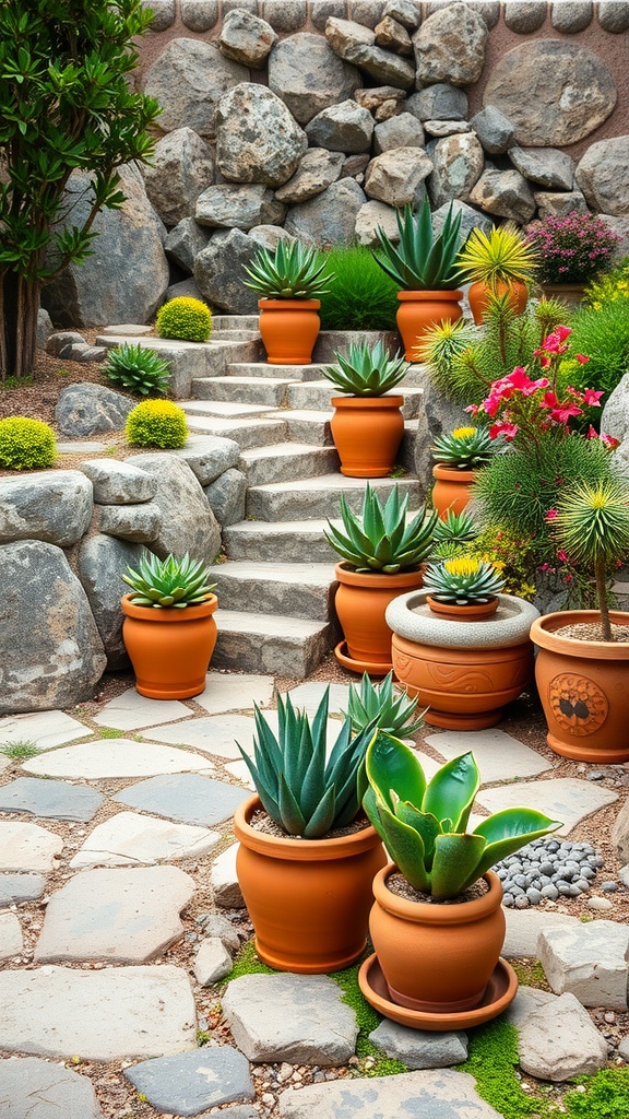 A Mediterranean style rock garden with terracotta pots and lush succulents along a stone pathway.