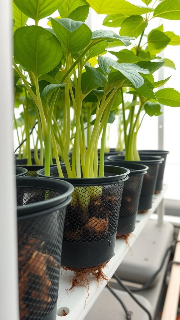 Image showing several mesh net pots filled with green plants, highlighting their roots and the growing medium.