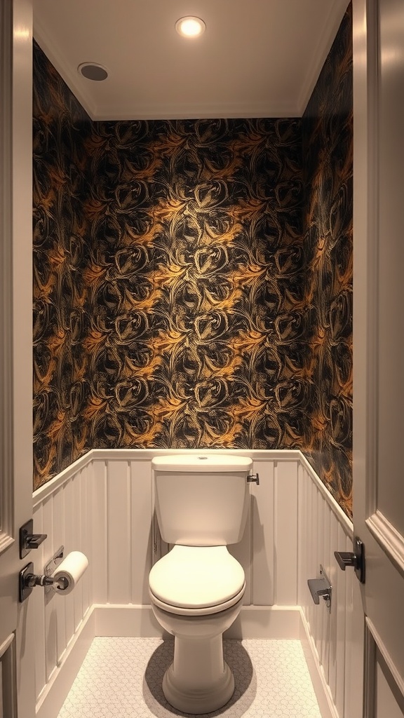 Small bathroom with metallic accent wallpaper featuring dark tones and gold highlights.