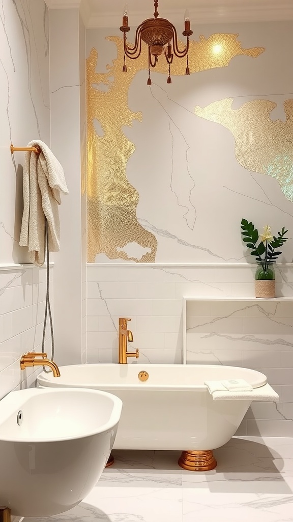 A stylish bathroom featuring metallic foil accents on the walls, a modern bathtub, and sleek fixtures.