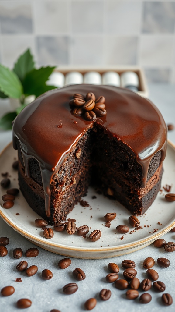 A rich Mexican chocolate and coffee cake with a glossy ganache, surrounded by coffee beans.