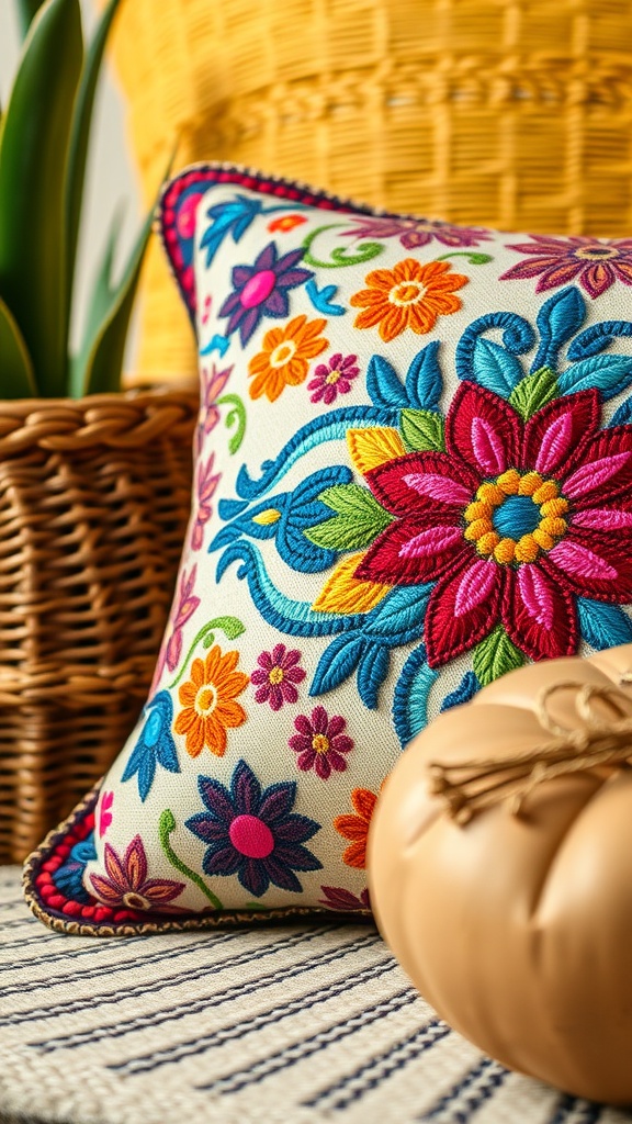 A colorful embroidered pillow with floral designs placed beside a woven basket and a decorative pumpkin