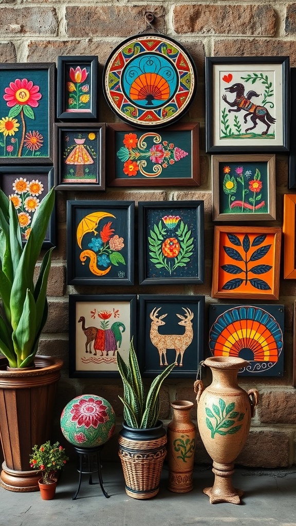 A wall adorned with colorful Mexican folk art framed pictures and decorative pottery.