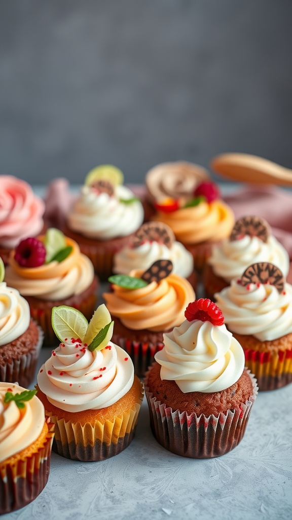 An assortment of colorful Mexican wedding cupcakes topped with various frostings and decorations.