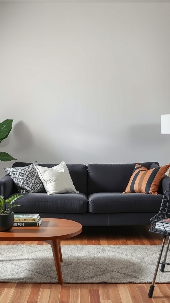 A dark gray couch in a mid-century modern living room with decorative pillows, a round coffee table, and a potted plant.