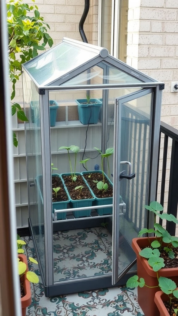 A mini greenhouse on a small balcony, featuring potted seedlings and vibrant pots.