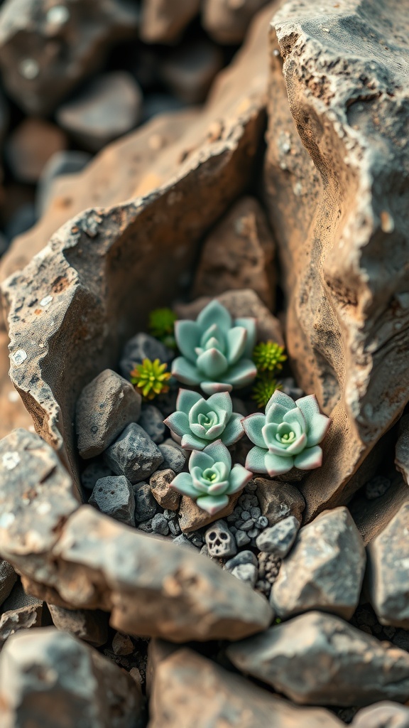 A cluster of succulents nestled in a rocky landscape.