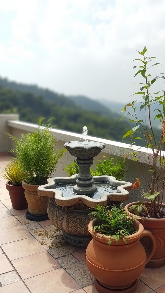 A miniature water fountain surrounded by potted plants on a terrace.