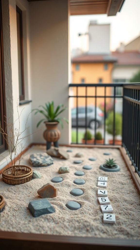 A miniature Zen garden on a balcony featuring sand, stones, and plants.