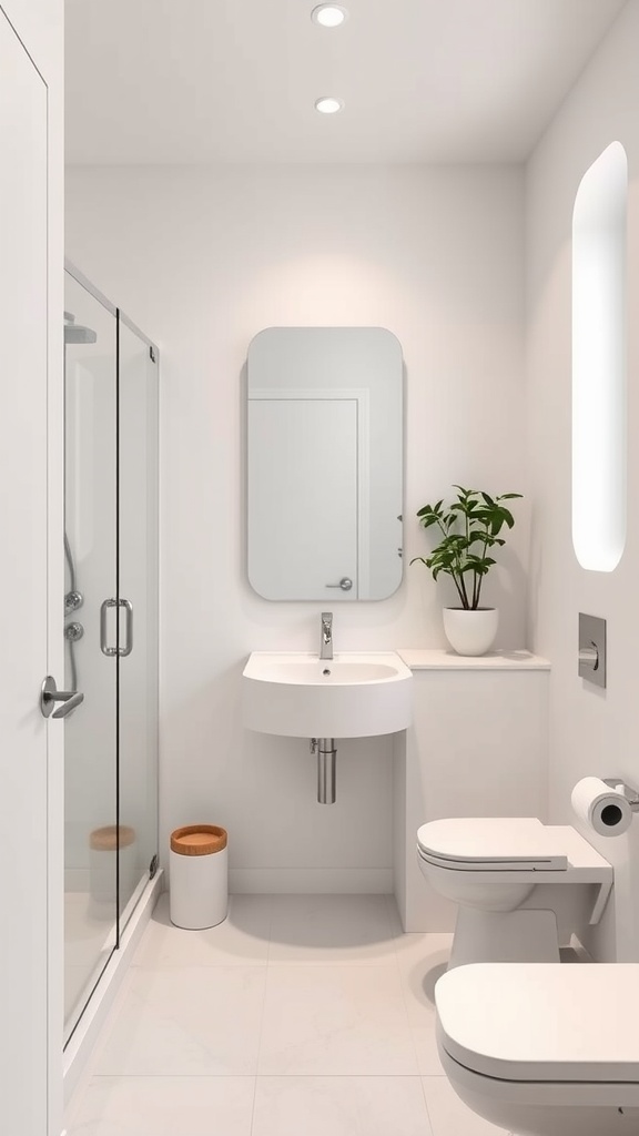 Minimalist bathroom with clean lines, featuring a glass shower, circular mirror, and a small plant.