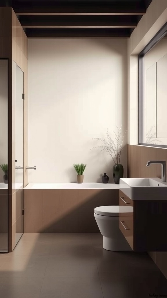 A minimalist brown bathroom featuring a bathtub, a modern sink, and potted plants, with natural light coming through large windows.