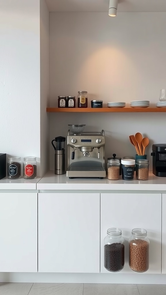 A minimalist coffee bar setup featuring a coffee machine, jars of coffee beans, and wooden utensils on a clean countertop.