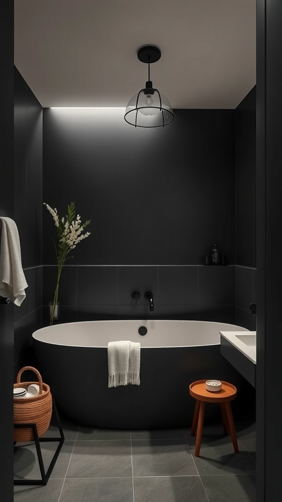 Minimalist dark bathroom featuring a black wall, white bathtub, modern pendant light, and natural elements.