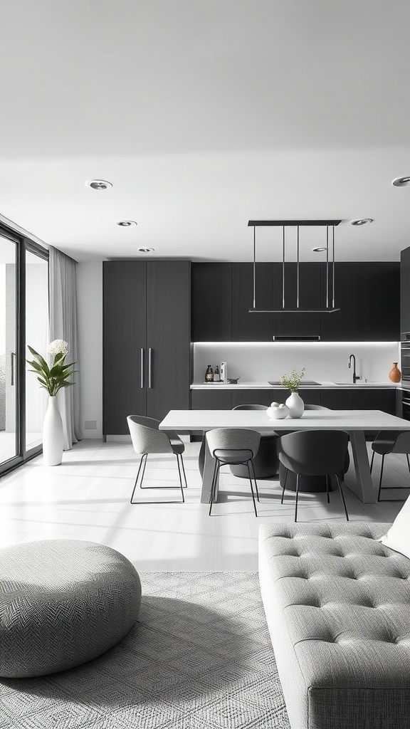 A minimalist living room and kitchen area featuring sleek black cabinets, a light wood dining table, and a gray sofa.