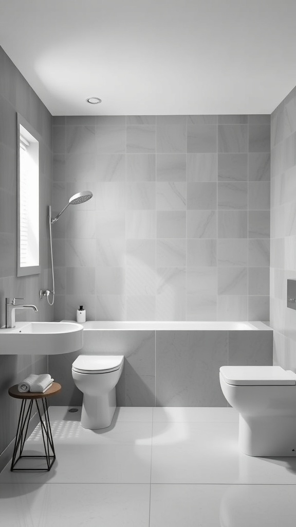 Minimalist grey and white bathroom with modern fixtures and natural light