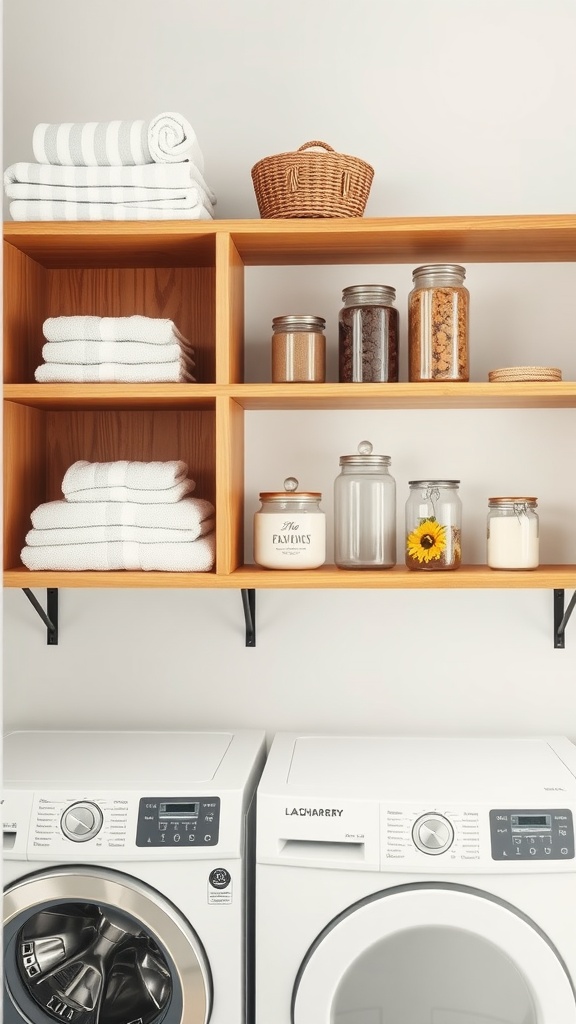 Minimalist open shelving in a laundry room with towels and jars on display.