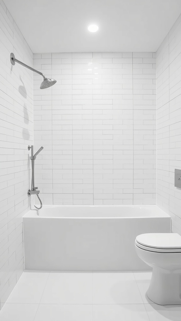 A minimalist bathroom featuring white tiles, a bathtub, and a showerhead.