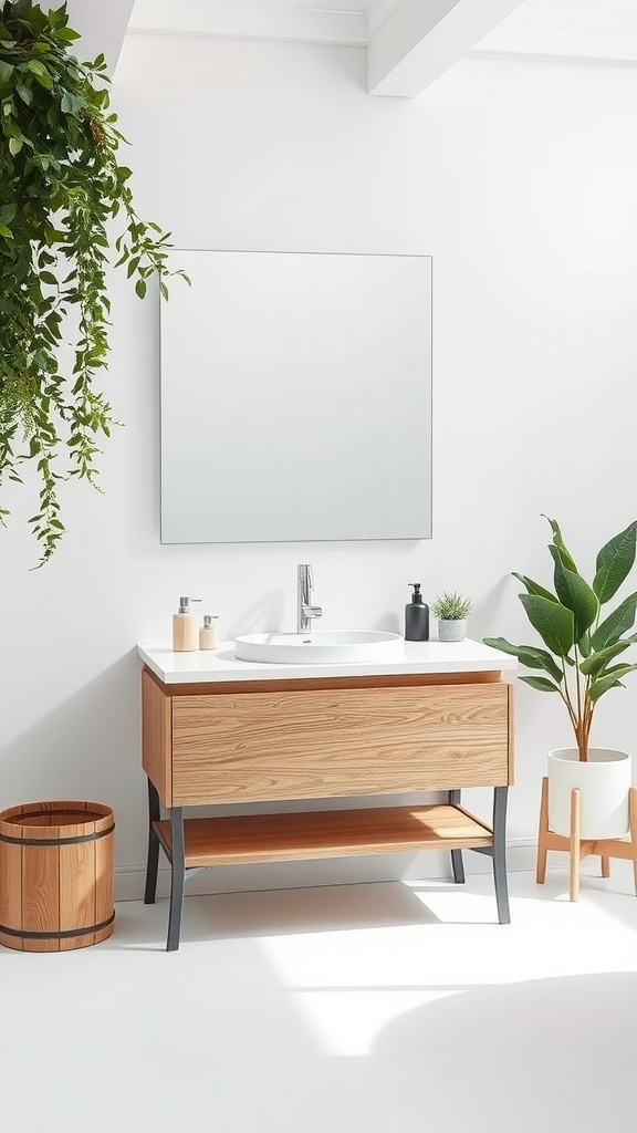 A minimalist bathroom vanity featuring a white countertop and natural wood accents, surrounded by greenery.