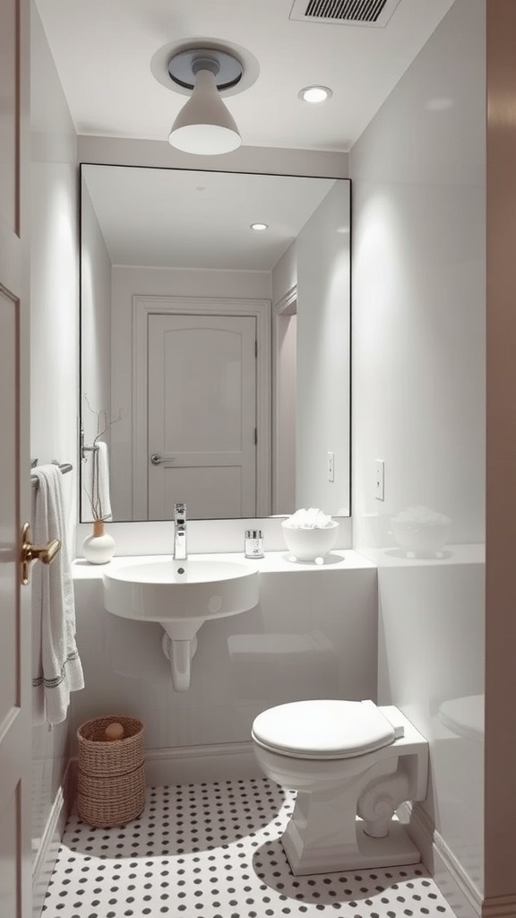 Small modern bathroom with a large mirror reflecting light and creating a sense of space