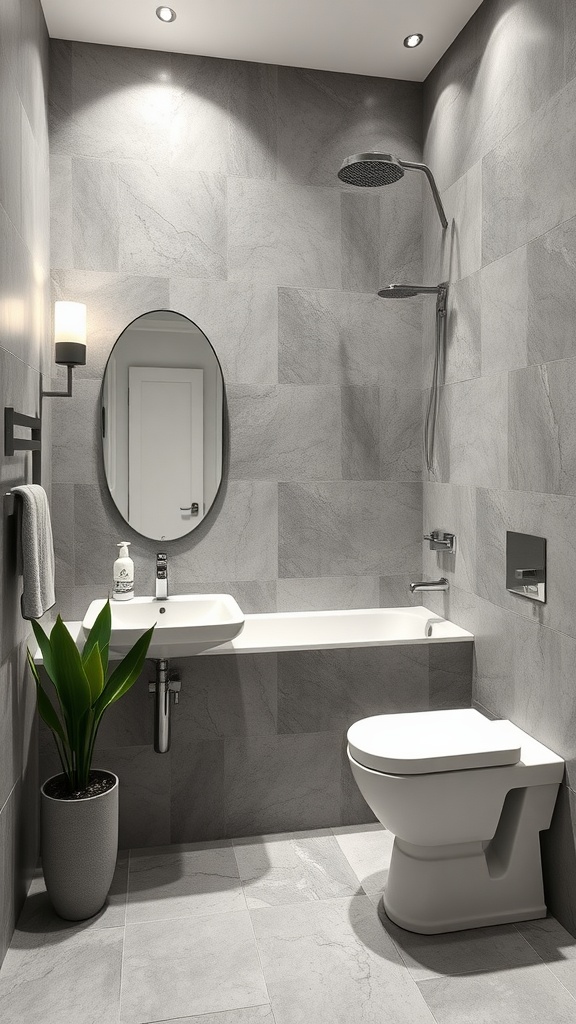 A modern grey and white bathroom featuring large tiles, a floating sink, and a potted plant.