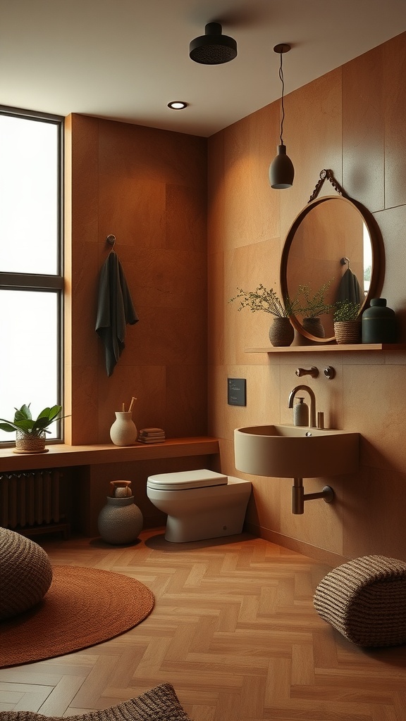 A warm brown bathroom featuring earthy tones with wooden textures, plants, and soft lighting.