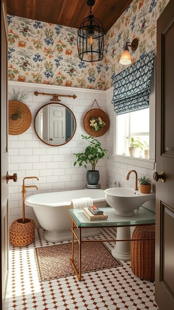 A modern farmhouse bathroom featuring floral wallpaper, geometric floor tiles, a vintage-style tub, and a mix of natural and modern decor.